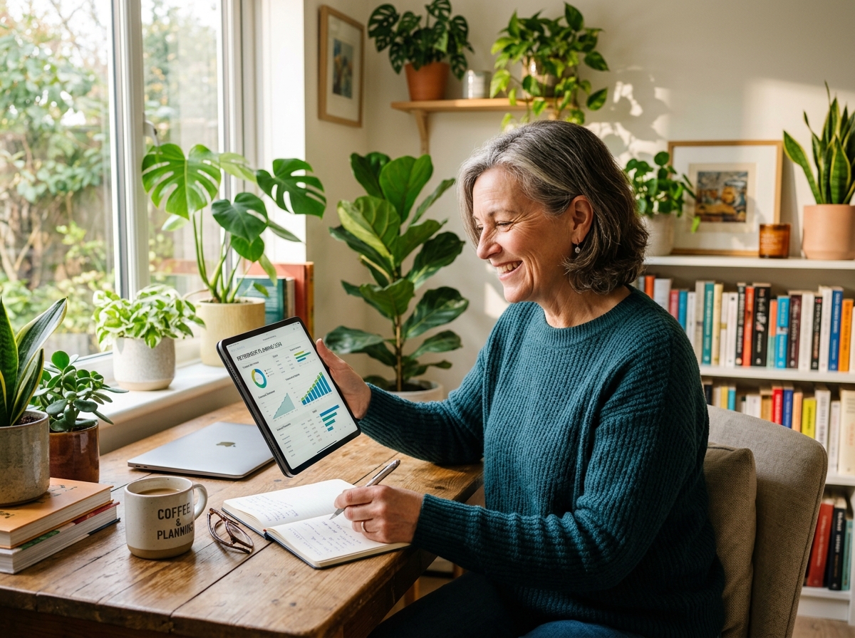 Mature professional smiling while planning long-term retirement savings on tablet