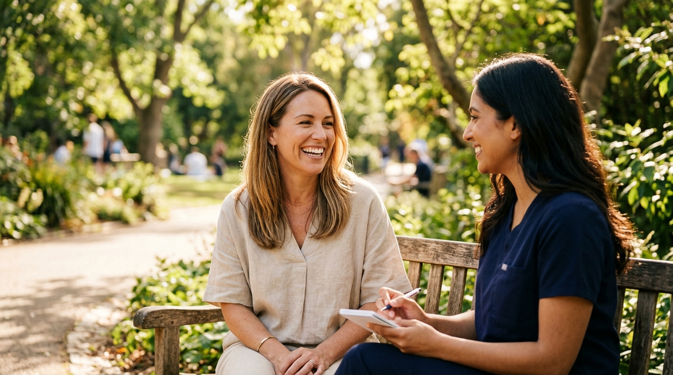 Colleagues smiling and talking about health wellness