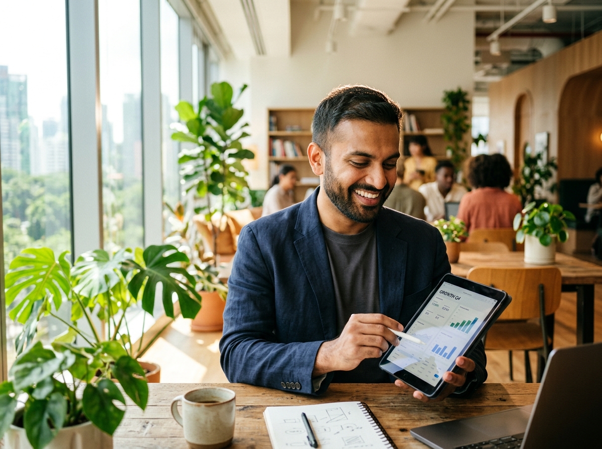 Young professional reviewing company growth charts on tablet with confidence
