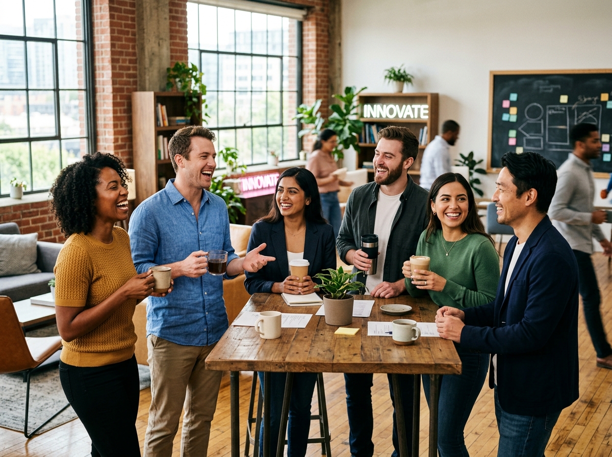 Diverse colleagues celebrating company innovation and shared success in modern office
