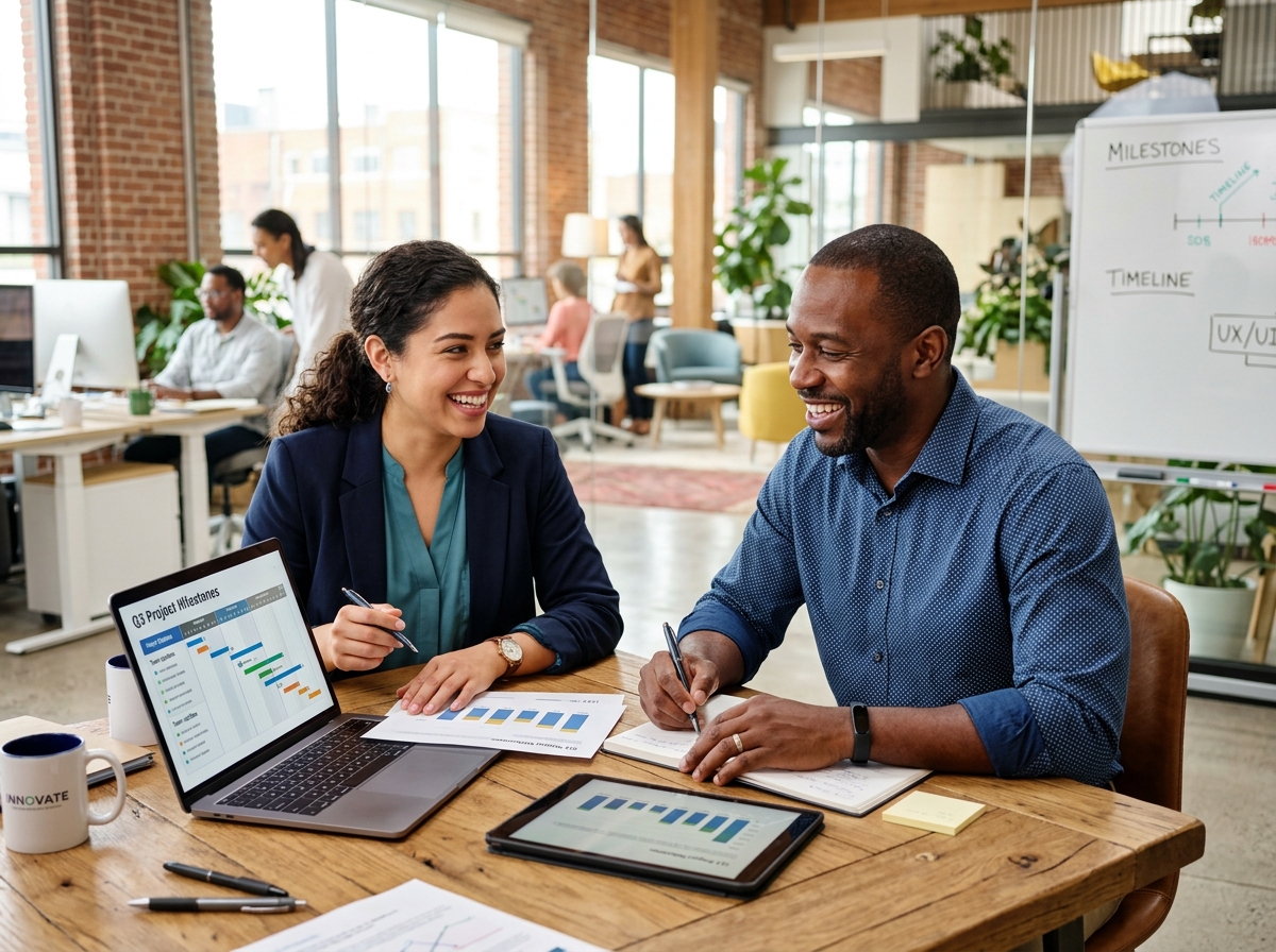 Colleagues collaborating happily at a modern office table with laptop