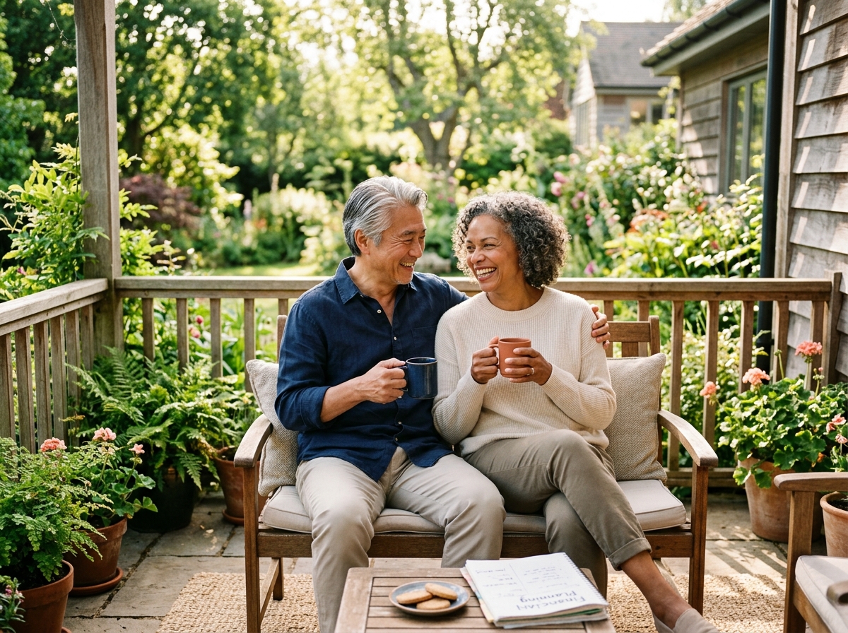 Mature couple smiling together outdoors on a sunlit porch with coffee