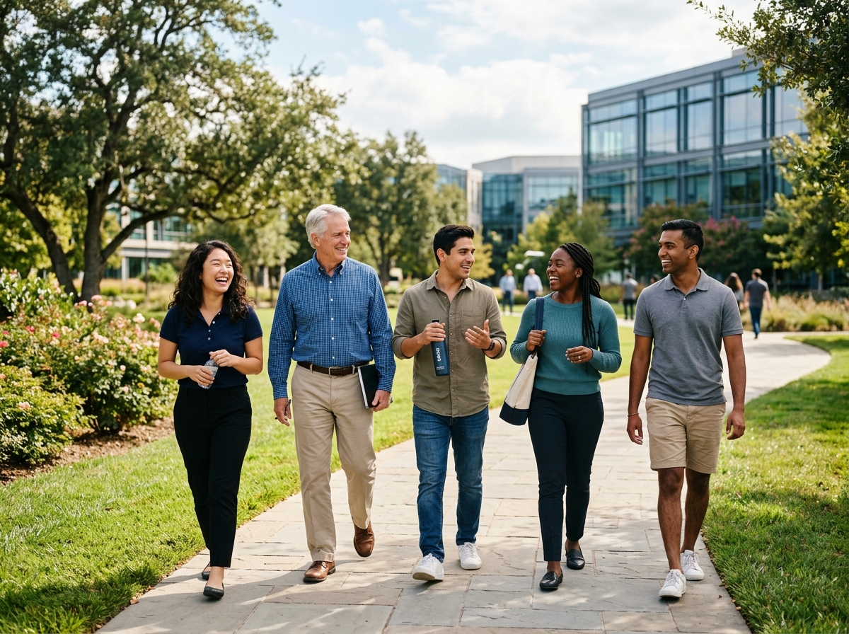 Diverse group of colleagues of all ages enjoying wellness community walk together