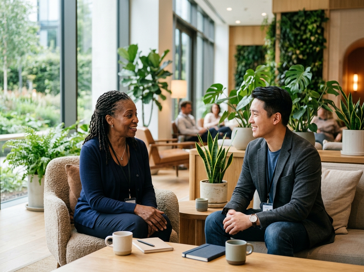 Diverse colleagues of different ages in a calm, modern wellness setting having a supportive conversation