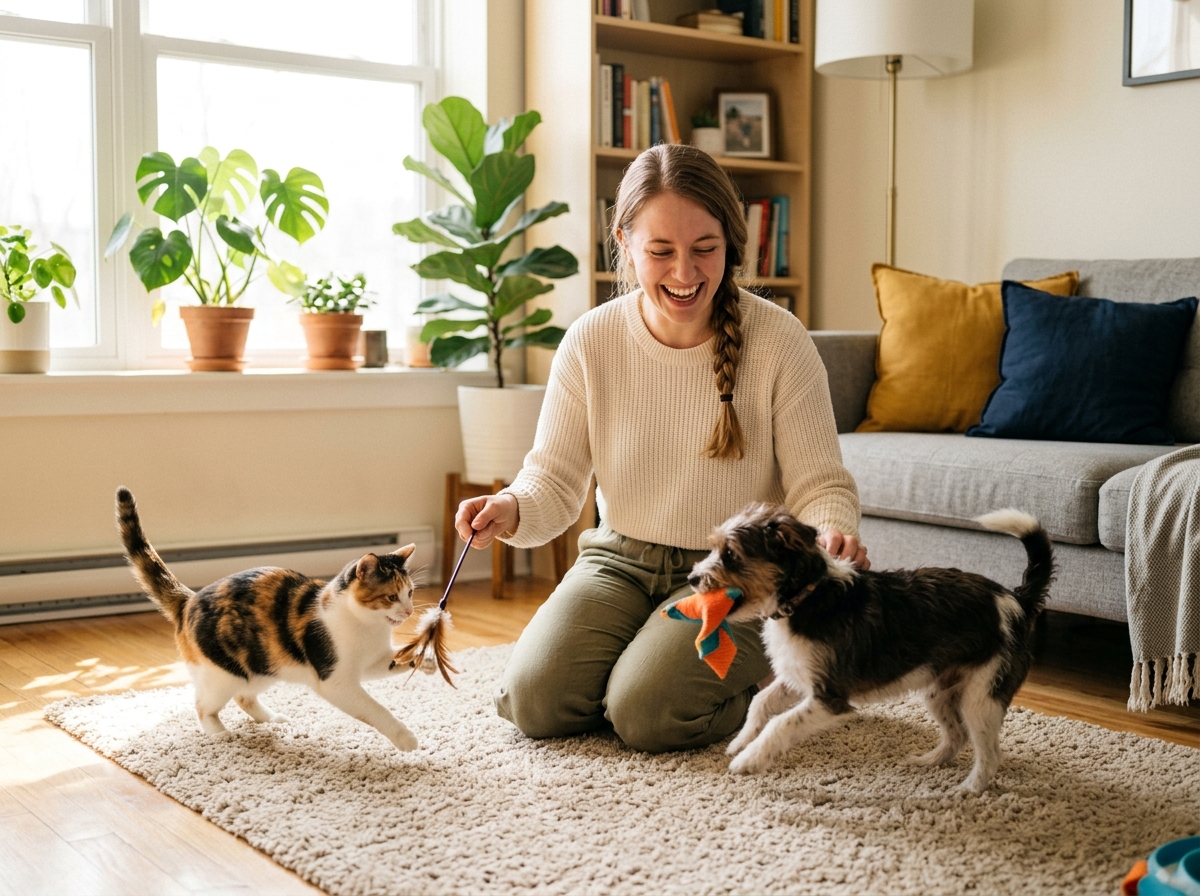 Pet owner happily playing with cat and puppy at home