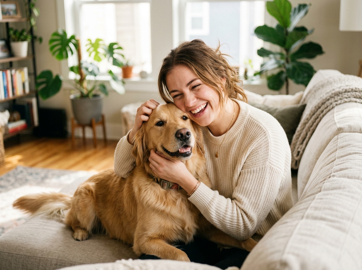 Smiling pet owner hugging healthy happy dog at home in sunlit living room