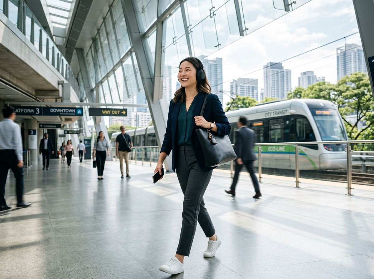 Young professional woman smiling walking in a modern transit station