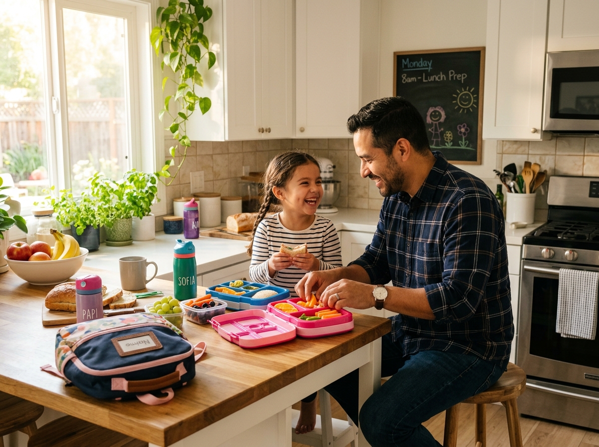Father preparing healthy lunch with young child at home representing family dependent care