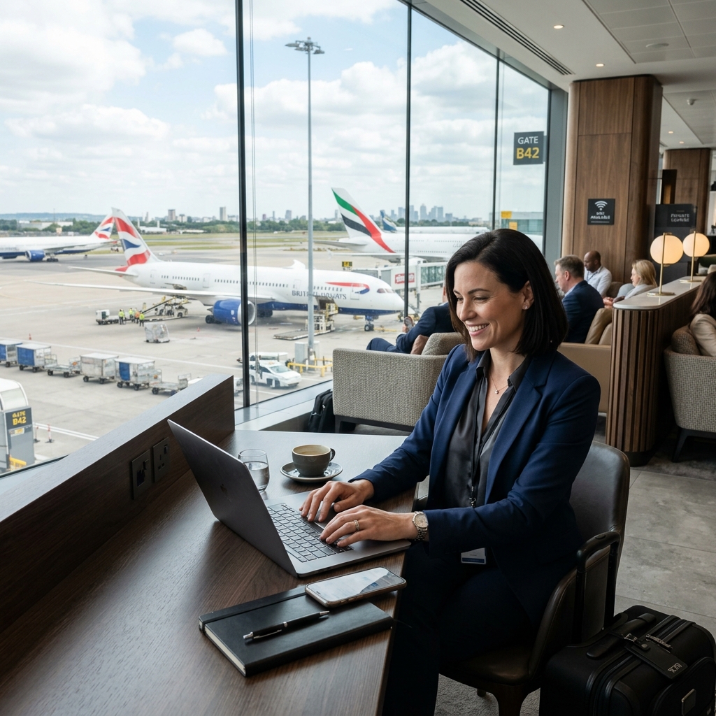 Business professional smiling confidently while working on laptop in modern airport lounge