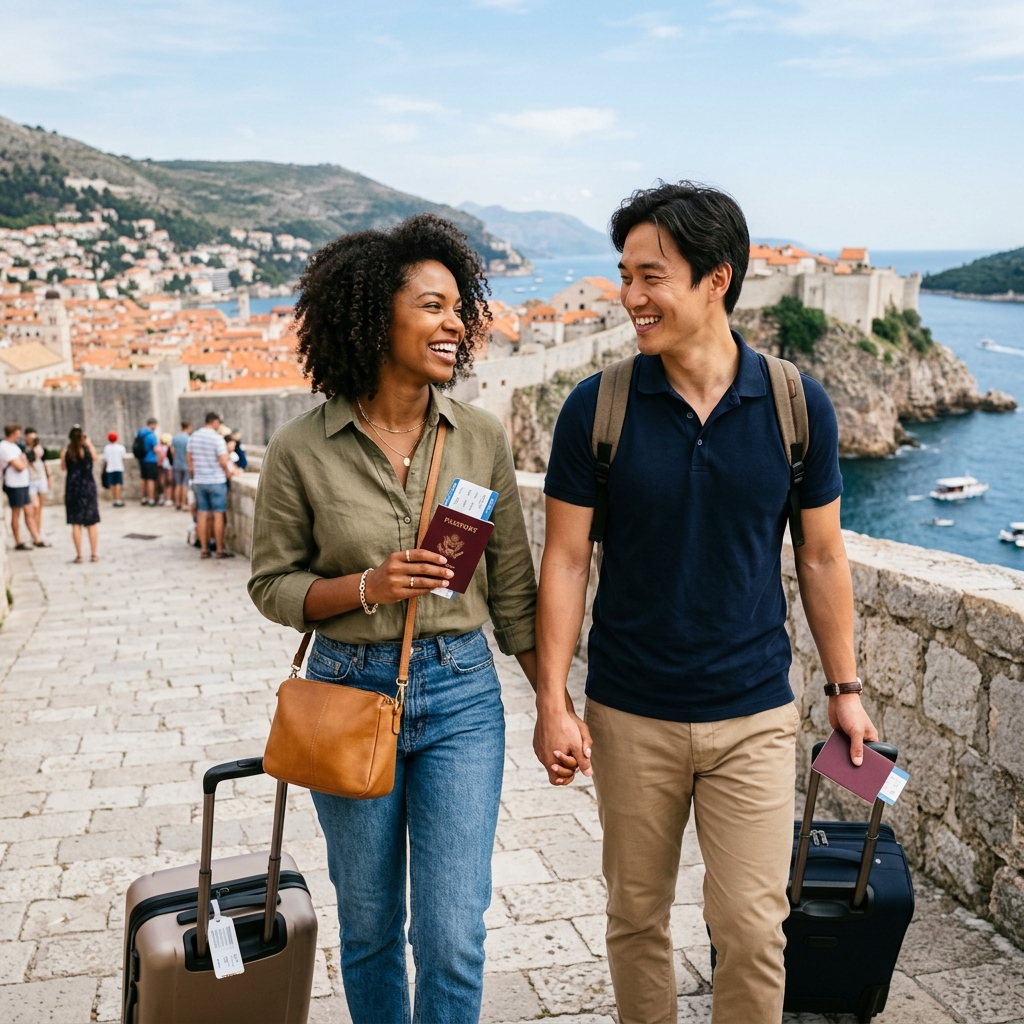 Smiling diverse couple exploring international travel destination with confidence and luggage