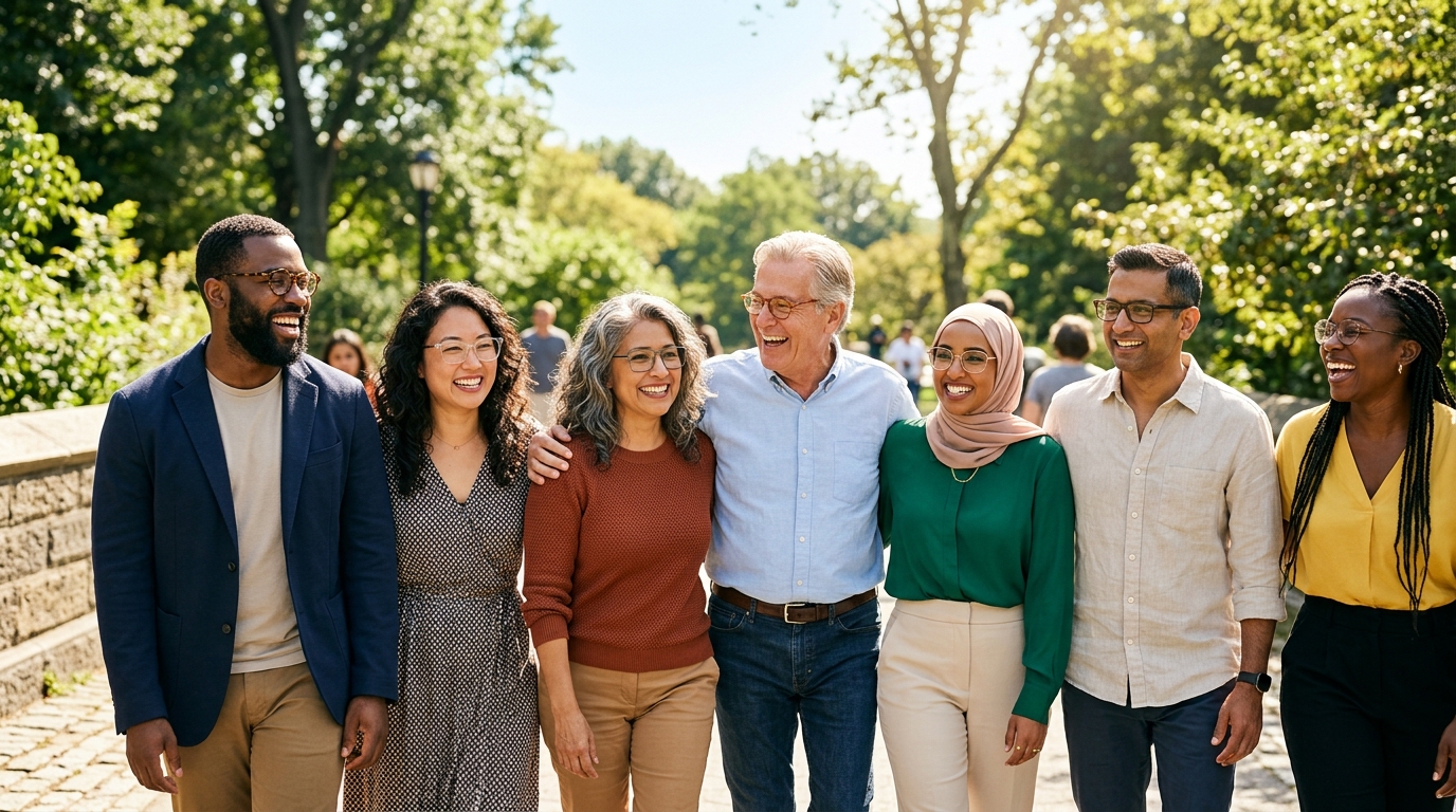 Diverse group of colleagues and people of all ages smiling wearing eyeglasses