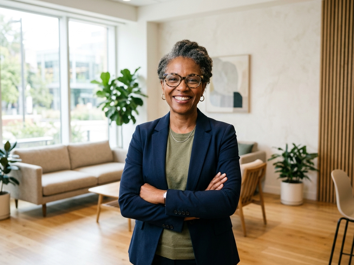 Distinguished diverse employee smiling wearing eyeglasses