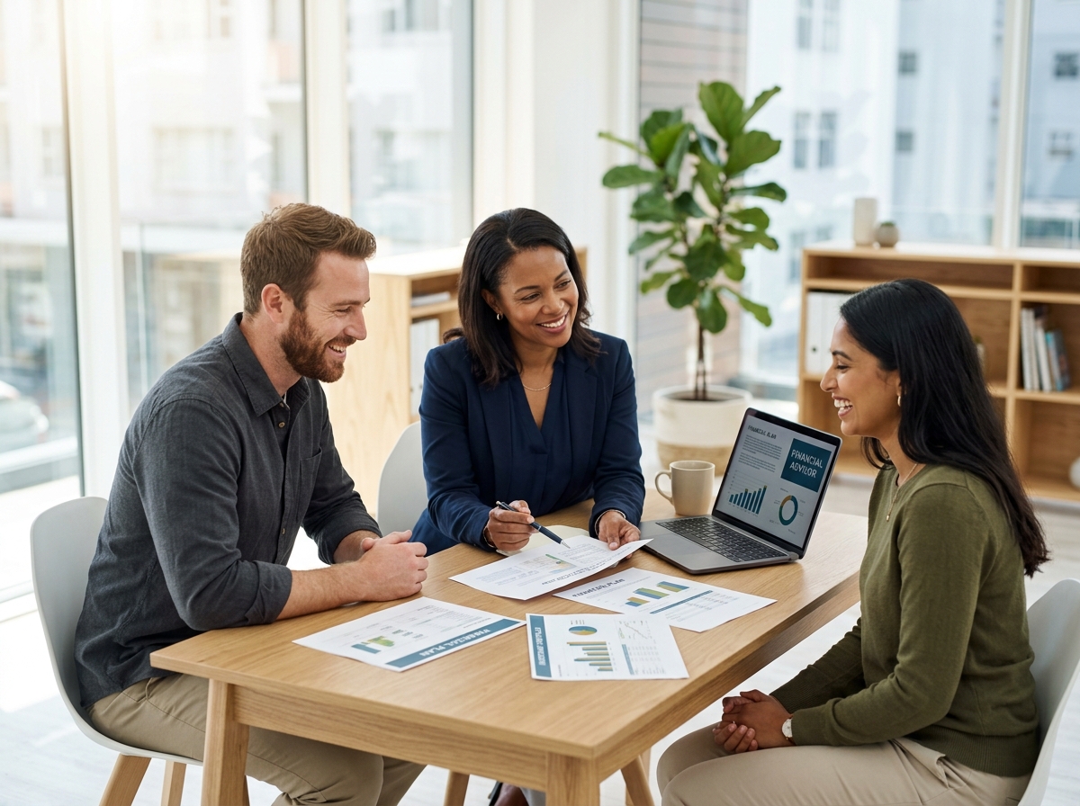 Professional advisor consulting with a couple reviewing legal and financial documents